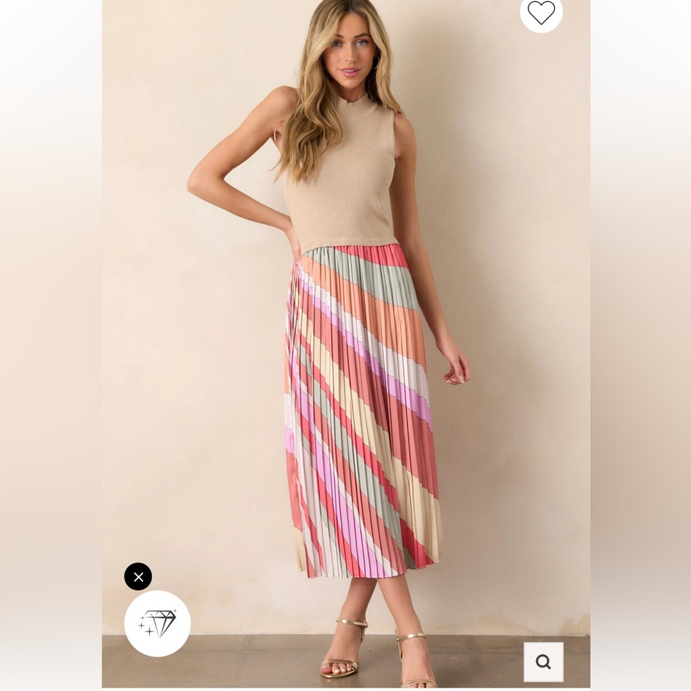 Pleated Multi-Color Stripe Midi Skirt - Pink & Coral Medium skies are blue - Picture 3 of 13